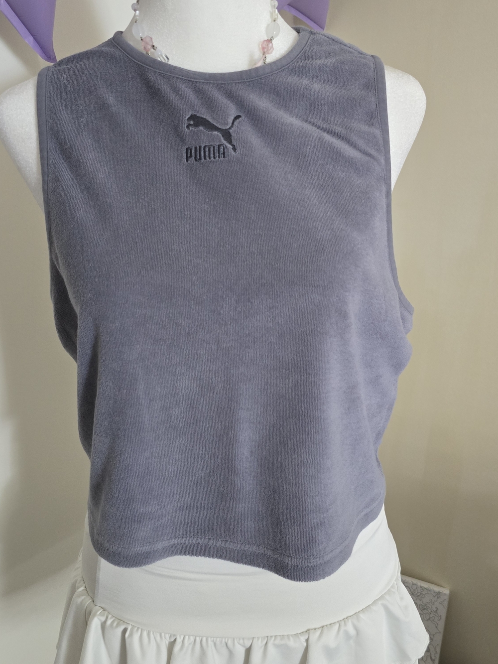 Y2K Style Sporty Puma Terry Cloth Cropped Tank Top Racerback Grey Gorpcore L